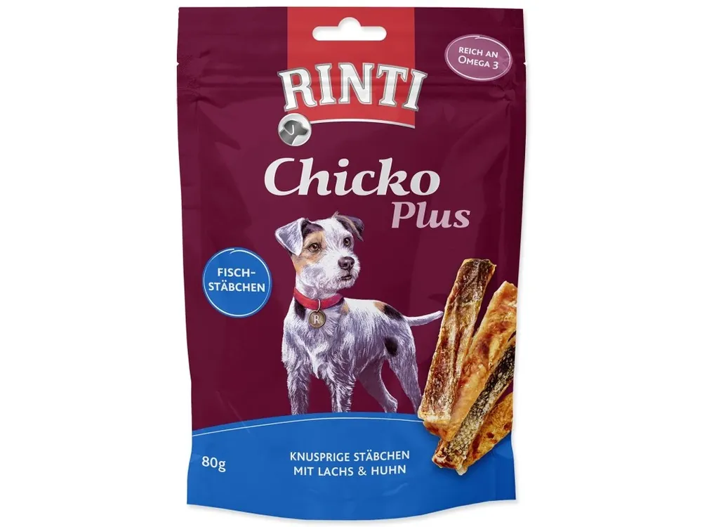 Pochoutka Rinti Chicko Plus losos a kuře 80 g Dokud Zásoby Vydrží