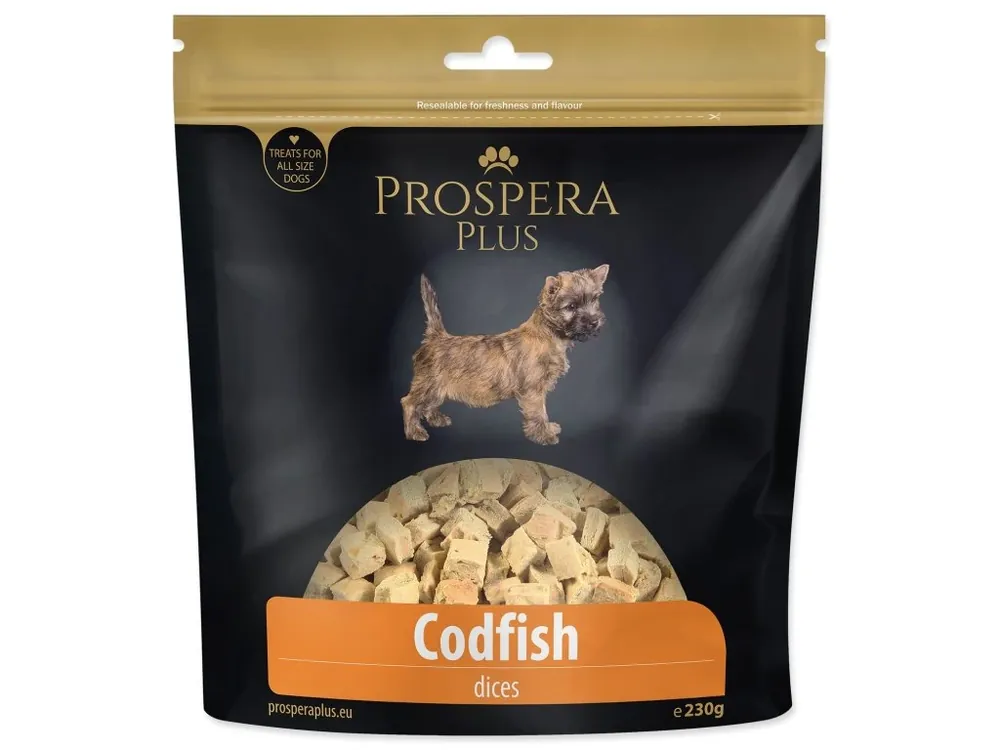 Pochoutka Prospera Plus tresčí kostky 230 g Novinka