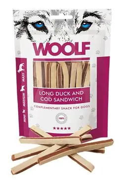 Cenová Bomba WOOLF pochoutka soft duck and cod sandwich long 100g