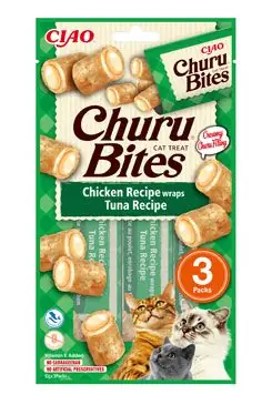 Víkendová Akce Churu Cat Bites Chicken wraps&Tuna Purée 3x10g