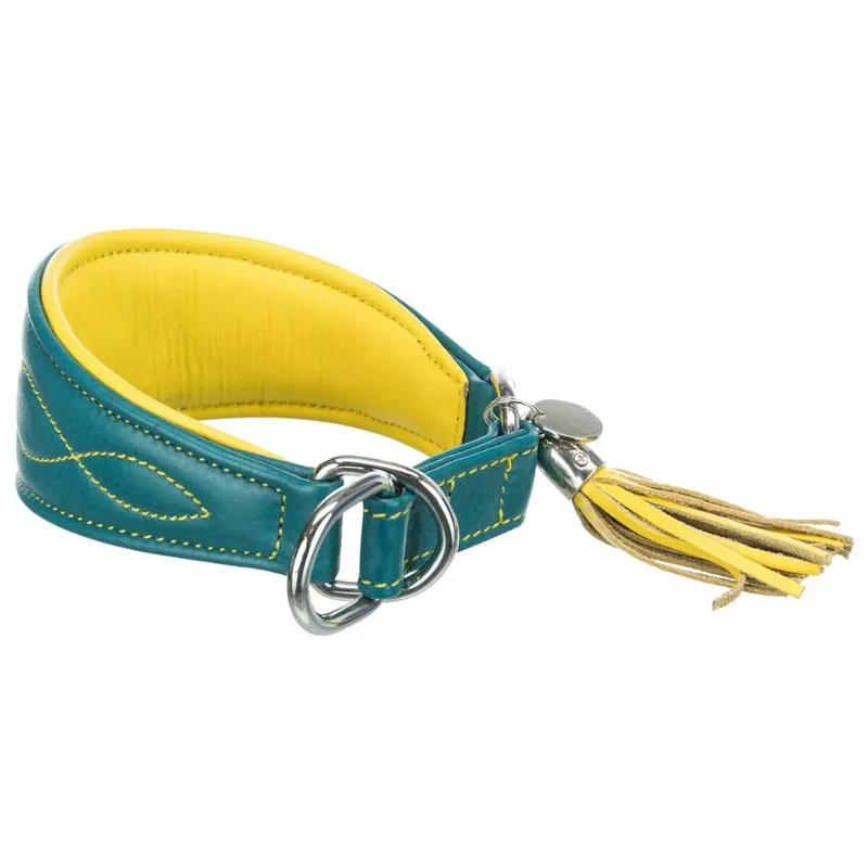 TRIXIE Kožený obojek ACTIVE Comfort pro chrty - petrolejová/žlutá XS-S 24-31cm/50mm Ihned K Objednání