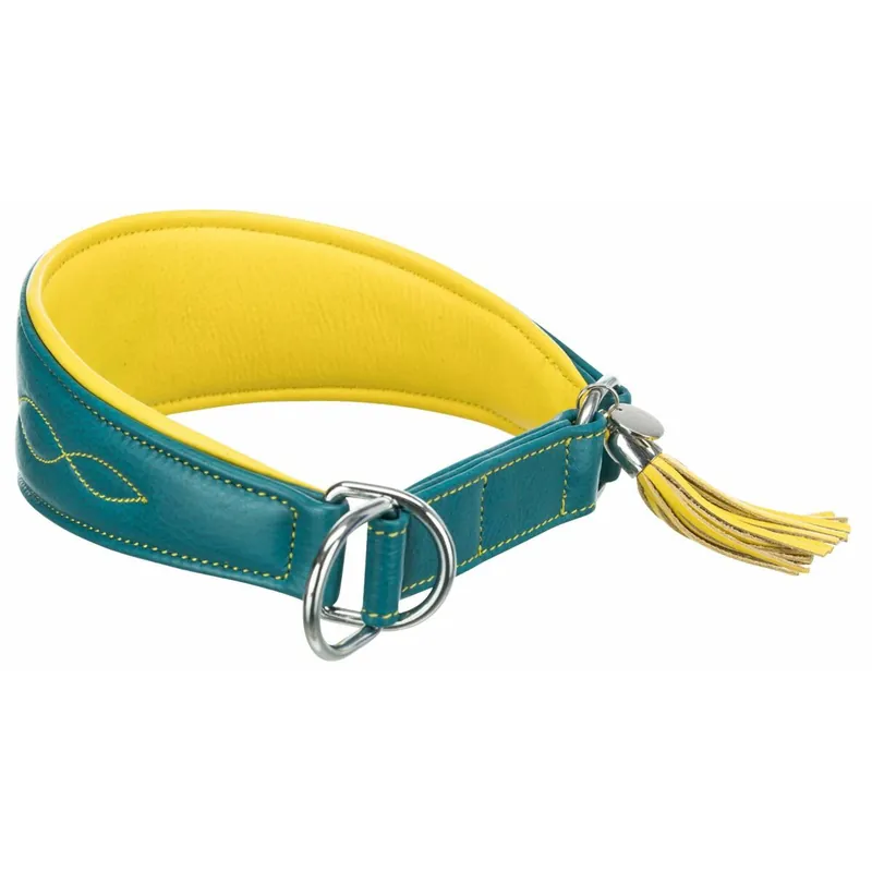 TRIXIE Kožený obojek ACTIVE Comfort pro chrty - petrolejová/žlutá S-M 33-42cm/60mm Ověřený